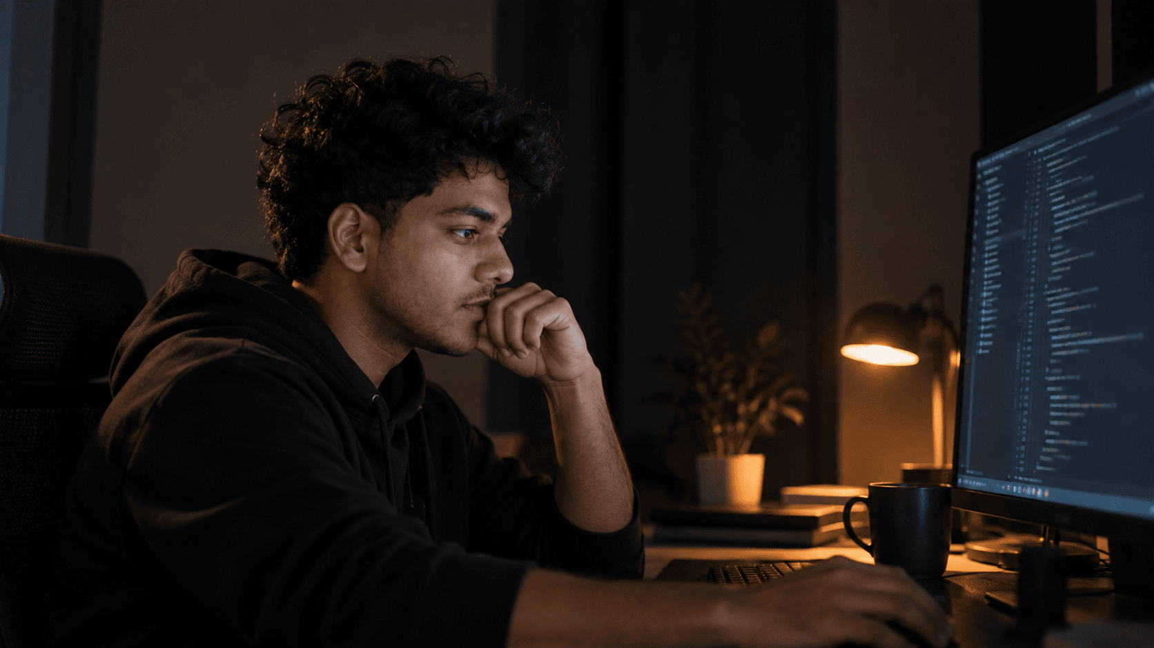 Aman working at his desk at night