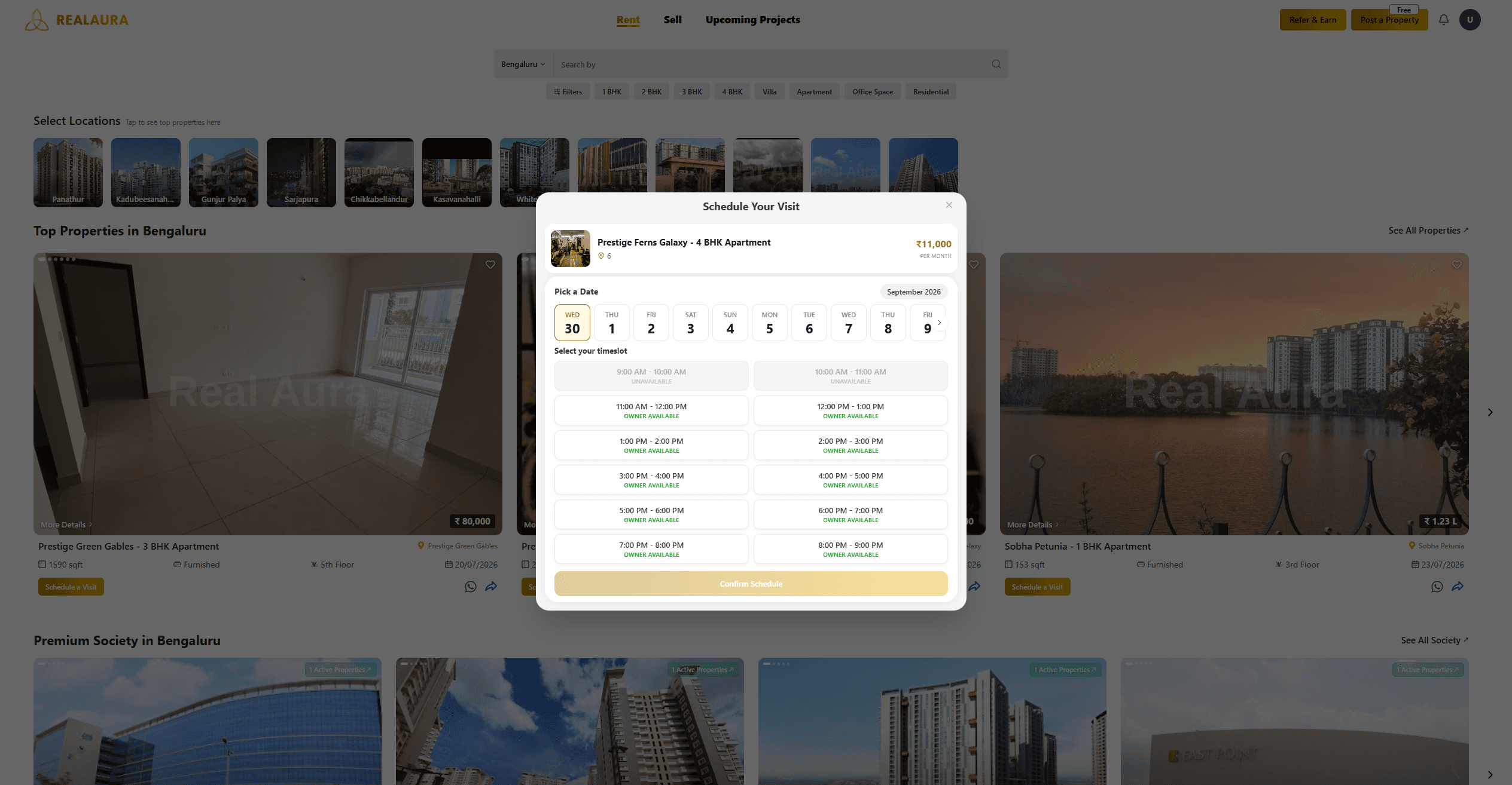 RealAura — schedule a visit modal